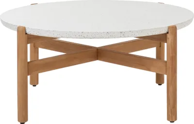Produktbild von Dehner Lounge Tisch Portofino groß, Terrassentisch, Ø 80 cm, Höhe 37.8 cm, FSC® es Teakholz / Tischplatte aus Terrazzo, weiß / hellbraun