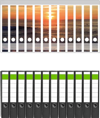 Produktbild von Wallario 12 Stück schmale Ordner inkl. Klebeetiketten mit Motive Sonne über dem Meer -  Set mit Rückenschildern / Ordnerrücken Stickern