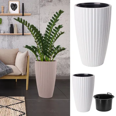 Produktbild von Blumenübertopf "Leaves Slim" mit herausnehmbaren Einsatz 2in1, 3D-Textur, Oval | Höhe: 48cm | Farbe: Weiss