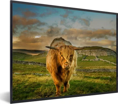 Produktbild von MuchoWow® Gerahmtes Poster Schottischer Highlander - Gras - Berg 80x60 cm - Poster mit Schwarzem Bilderrahmen Wandposter Rahmen Foto Bilder - Schwarzem - Mit Gestell