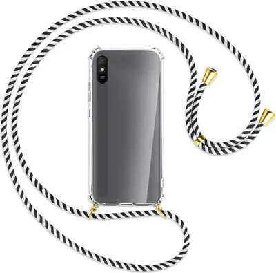 Produktbild von Handykette Backcover-Schutzhülle mit Band (Metall goldfarben) für Xiaomi Redmi 9A - schwarz/weiß gestreift