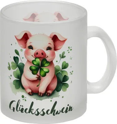 Produktbild von Glücksschwein mit Kleeblatt Glas Tasse