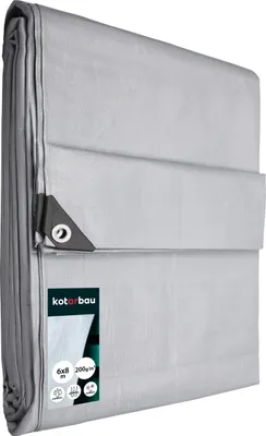 A folded silver tarp with reinforced grommets and a label showing product details.