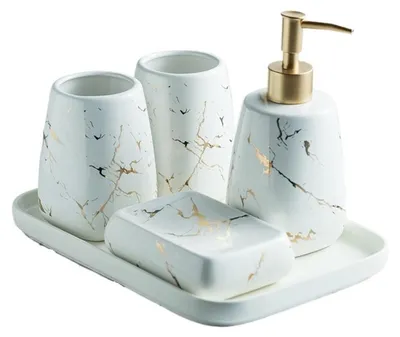 Imagen del producto de Juego de accesorios de baño de cerámica de 5 piezas con diseño de mármol