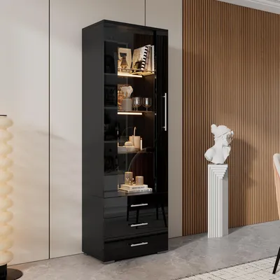 Image de MODFU Vitrine - Meuble Haut Brillant avec 3 Tiroirs, LED et Porte en Verre Trempé, Noir, 60x35x180 cm