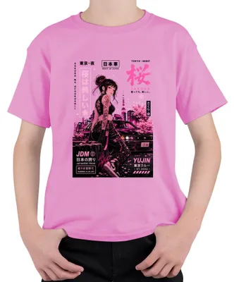 Immagine prodotto di Maglietta per bambini, rosa, con scritta "Sakura JDM Japanese Pride", ispirata all'animazione giapponese, allo stile Y2K e al drifting. Taglia 104