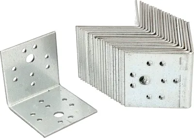 A group of metal corner brackets are stacked and arranged in a zig-zag pattern, with one bracket in the foreground shown individually.