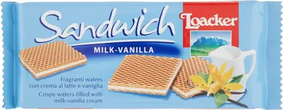 Produktbild von 12x Loacker Sandwich Milk Vanilla duftende Waffeln mit Milchcreme und Vanille - 75 g