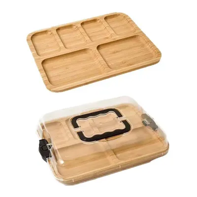 Produktbild von Bambus Servierbrett mit 6 Fächern, transparentem Deckel, doppelseitig nutzbar, ideal für Käse, Snacks, Party & Picknick