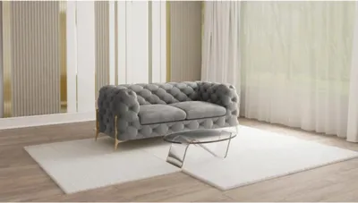 Produktbild von S-STYLE MÖBEL - Chesterfield Sofa 2-Sitzer Nova mit Goldene Metall Füßen aus Grau Samtstoff, B/T/H: 185 cm/ 100 cm/ 75 cm