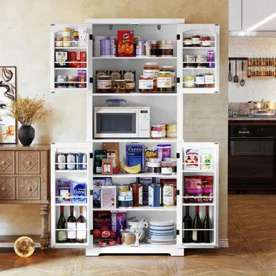 Produktbild von Küchenschrank mit Arbeitsplatte, Hochschrank, Esszimmerschrank, Speisekammer mit Türen und Regalen, Weiß