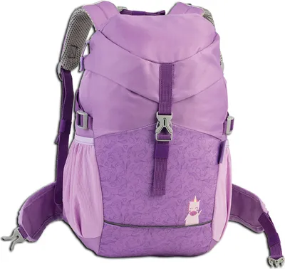 A purple backpack with a unicorn pattern and a small unicorn graphic on the front.