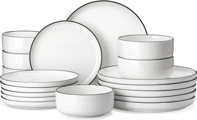Zdjęcie produktu dla MALACASA Zestaw naczyń ceramicznych, elegancki okrągły design, opcje 18/36 elementów, 18-elementowy zestaw z czarną obwódką