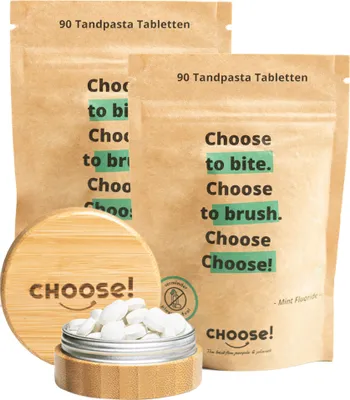 Produktbild von CHOOSE Zahnputztabletten mit Bambus Aufbewahrungsbox | Tabletten von natürliche Zahnpasta 90 Stück | Plastikfrei Zähneputzen, vegan und umweltfreundlich | Nachhaltige Zahnpasta Tabletten mit Flurid