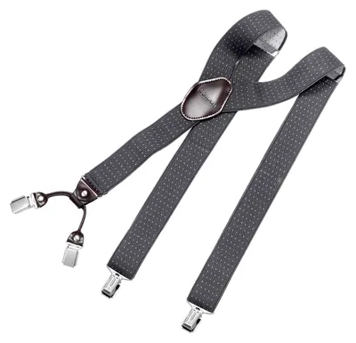 Produktbild von DonDon Herren Hosenträger 3,5 cm breit 4 Clips mit braunem Leder in Y-Form elastisch und längenverstellbar - gepunktet grau weiß