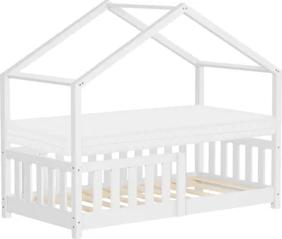 Produktbild von ML-Design Kinderbett Hausbett 70x140 cm Weiß mit Matratze H:10cm, Rausfallschutz Lattenrost und Dach, Spielbett aus massivem Kiefernholz Bodenbett