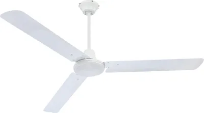 A white ceiling fan with three blades is shown against a white background.