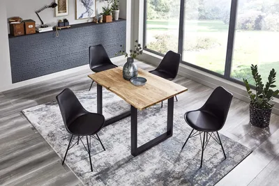 Produktbild von 5tlg. Essgruppe Billy 120 x 80 cm, Akazienholz massiv, naturfarben, Baumkantentisch mit U-Gestell in Schwarz + 4X Schalenstuhl Lerche in Schwarz