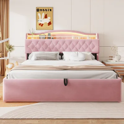 Produktbild von Polsterbett 180 x 200 cm mit hydraulischem Stauraum, Samtbezug, LED-Kopfteilbeleuchtung, USB- und USB-C-Ladeanschlüssen, Stauraum im Kopfteil und Metallbettplatte, Rosa