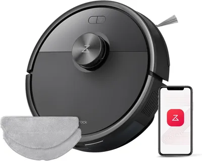 A robotic vacuum cleaner, a smartphone, and cleaning pads are displayed against a white background.