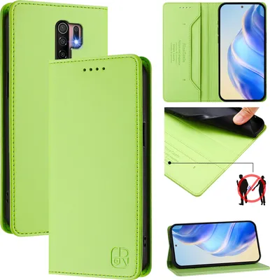 Produktbild von Lederhülle für Xiaomi Poco M2/Poco M1/Redmi 9 Hülle Flip Brieftasche Kartenfächern Ständer Schutzhülle Grün