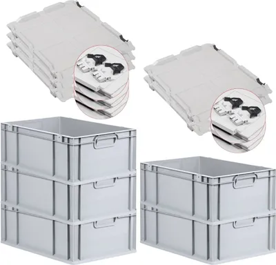 Produktbild von SuperSparSet 5x Eurobox NextGen Grip mit Scharnierdeckel und schwarzen Schiebeschnappverschlüssen | HxBxT 22x40x60cm | 44 Liter | Grau | Griffe geschlossen | Verstärkter Boden | Eurobehälter, Transportbox, Transportbehälter, Stapelbehälter