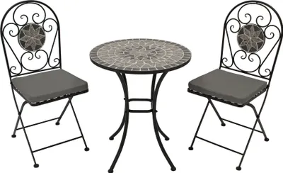 Produktbild von DEGAMO Gartenset Sitzgruppe Bistroset SIENA 3-teilig (2x Stuhl, 1x Tisch rund 60cm), Eisen schwarz +Nachbildung Mosaik grau/weiss