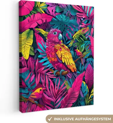 Produktbild von MuchoWow® - Leinwandbilder - Papagei - Tropisch - Dschungel - Farbenfroh, Wandbild, Wanddeko Bilder Wohnzimmer, 60x80 cm
