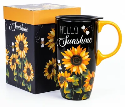 Produktbild von Keramikbecher mit Deckel 500 ml Sonnenblumen Design