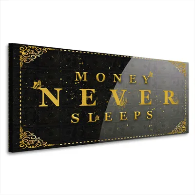 Produktbild von Money Never Sleeps Gold Schwarz Leinwandbild Wandbild XXL: 50x20x2cm