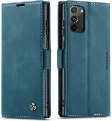 A teal-colored phone case is shown from two angles, open and closed.