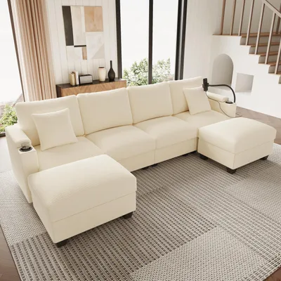 Produktbild von MODFU U-förmiges Sofa mit integriertem Stauraum in den Armlehnen,Modulares Cordsofa,Ecksofa mit Handyhalter und USB-Ladeanschluss,Sitzgruppe mit Schlaffunktion,Beige