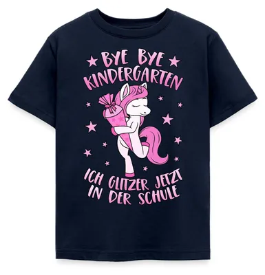 Produktbild von Spreadshirt Einschulung Bye Bye Kindergarten Einhorn Schule Kinder T-Shirt, 110/116 (5-6 Jahre), Navy