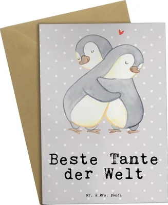 Produktbild von Mr. & Mrs. Panda Klappkarte Pinguin Beste Tante der Welt - Grau Pastell - Geschenk, Taufe, Dankeschön, einladungskarten, Familie, weihnachtskarten, glückwunschkarten