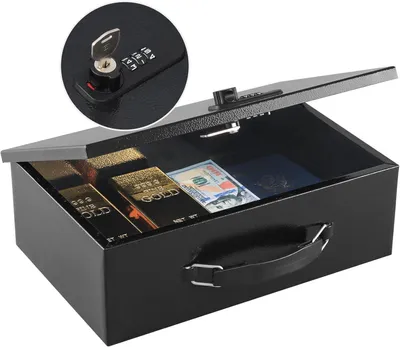 Produktbild von Tragbarer Mini-Tresor im Schrankstil für Schmuck und Wertsachen, feuerfeste Geldkassette mit Griff, ideal für Reisen und Zuhause.