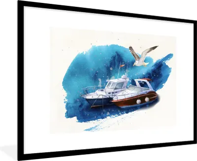 Produktbild von MuchoWow® MuchoWow® Gerahmtes Poster Boot - Vogel - Meer 90x60 cm - Poster mit zchwarzem Bilderrahmen - Wanddekoration - Fotos