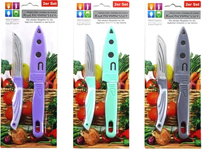 Produktbild von sada 2 kuchynských nožov, čepeľ z nehrdzavejúcej ocele, plastová rukoväť, ochranný kryt, celková dĺžka 17-20 cm