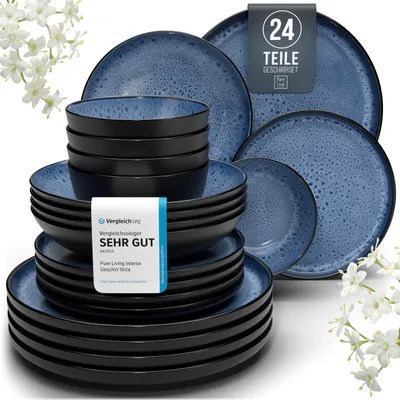 Produktbild von Steingut Geschirrset 6 Pers. Ibiza 24-tlg Hochwertiges Mediterranes Geschirr Set - Schüssel- und Teller Set - Tafelservice 6 Personen Geschirrsets