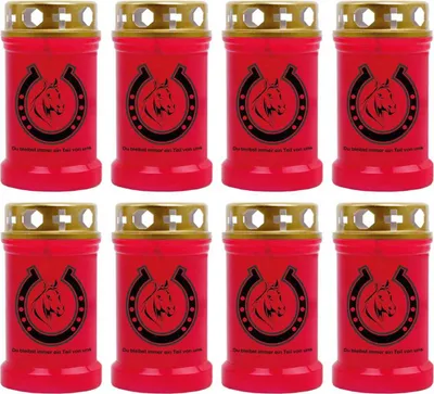 Produktbild von Grabkerze Rot 8er Pack, Brenndauer: 40 Stunden ( je Kerze ), Motiv: Hufeisen