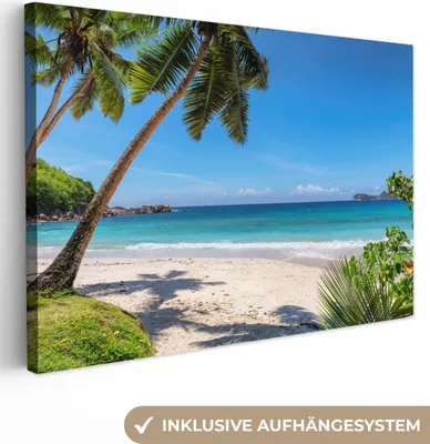Produktbild von MuchoWow® - Leinwandbilder - Strand - Meer - Palmen - Sonne, Wandbild, Wanddeko Bilder Wohnzimmer, 120x80cm