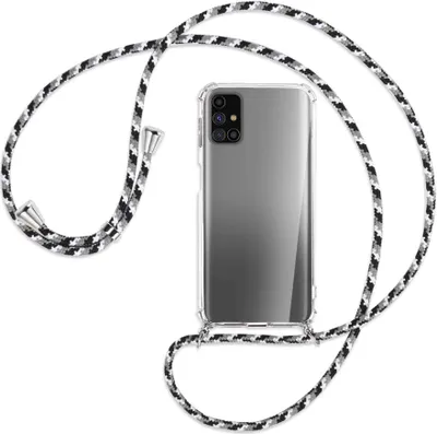 Produktbild von Handykette Backcover-Schutzhülle mit Band (Metall silberfarben) für Samsung Galaxy M31s - schwarz/grau/weiß