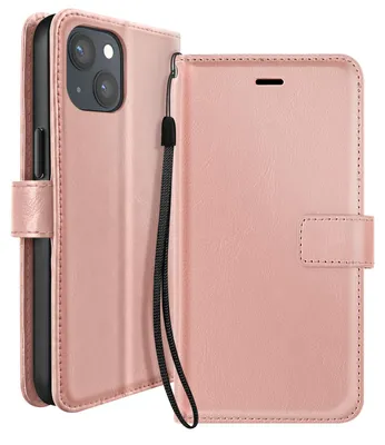 Produktbild von Mayaxess, Geldbörsen-Hülle für iPhone 13 mit Handschlaufe und Standfunktion, Roségold
