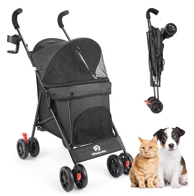 Image de Poussette pour chiens de taille moyenne, poussette pliable pour chiots et petits chiens pesant jusqu'à 15 kg, avec 4 roues et porte-gobelet, poussette pour chiens avec des roues avant pivotantes à 360° pour les promenades en extérieur