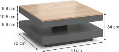A square coffee table with two tiers, shown with dimensions indicated by text and arrows.