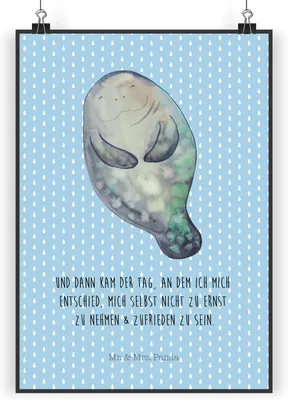 Produktbild von Mr. & Mrs. Panda Bild Seekuh Happy DIN A5 - Blau Pastell - Geschenk, Selbstliebe, Meer, Plakat, Wandbild, Freundin, wanddeko, Achtsamkeit, drucke, Posterdruck, Seekühe