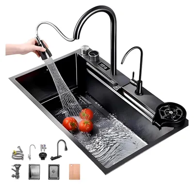 Produktbild von Edelstahl Spüle 65x50cm | Einbauspüle mit digitalem Temperaturdisplay, Wasserfall-Design und Abtropfkorb | Multifunktionale Küchenspüle mit 1 Becken