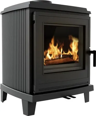 A black cast iron wood-burning stove with a glass door showing a fire inside.