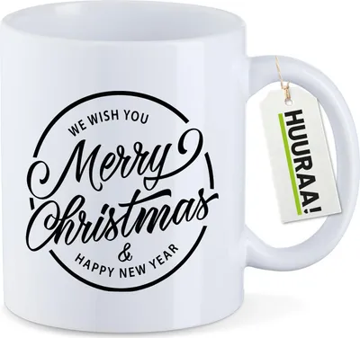 Produktbild von Huuraa Kaffeetasse Merry Christmas Schriftzug 330ml Weiß Keramik Kaffeebecher Geschenkidee