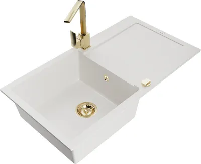 Produktbild von Mexen Leo 1 Becken-Granitspüle mit Abtropffläche und Mischbatterie Rita, Weiß - 6501-20-670300-50