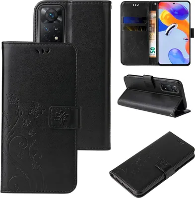 Produktbild von Handyhülle für Xiaomi Redmi Note 11 Pro Floral Blumen Schmetterling Flip Cover Hülle Case Klapphülle Handytasche Farbe: Schwarz